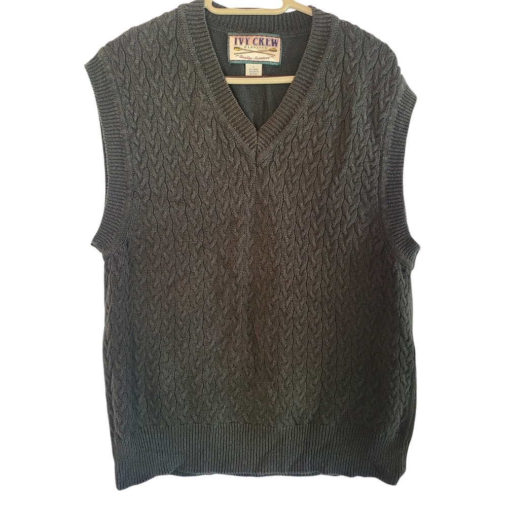 Ivy Crew Men's Green V-Neck Cableknit Sweater Vest Large Y2K